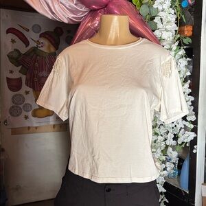 Joie White Short Sleeve Top with Pearl Accents